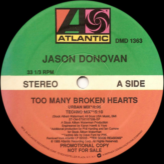 Jason Donovan – Too Many Broken Hearts Vinilo, 12", Promo, 33 ⅓ RPM ( epoca )